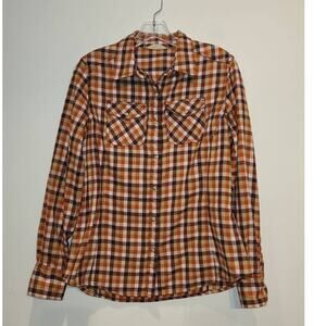 Ascend orange brown plaid long sleeve pearl snap button down shirt - medium